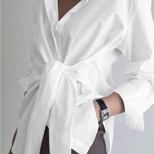 COMMENSE Elegant White Women's Button Down Top Tie Front